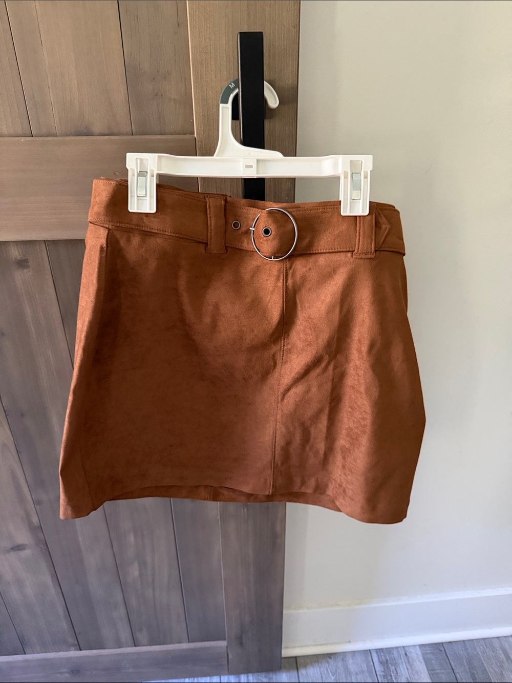 SO Faux-Suede Mini Skirt with Ring Belt - Rust Brown